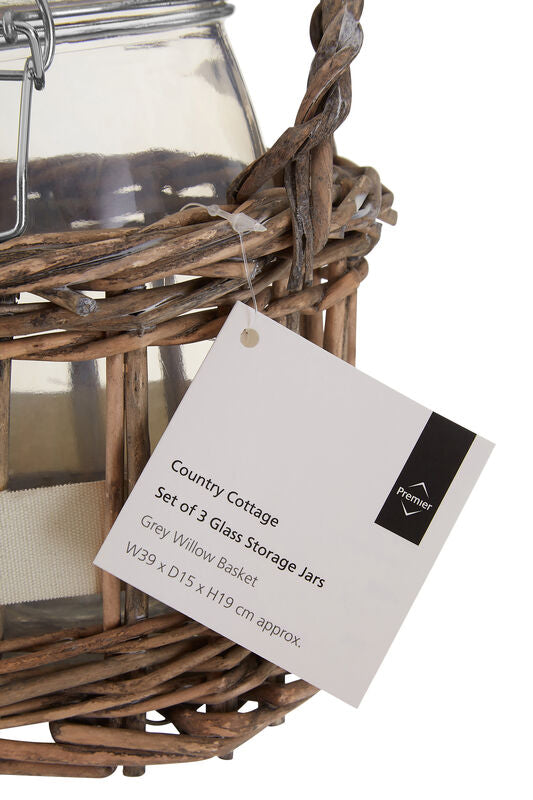 Set of 3 Glass Jars in a Basket | Country Cottage